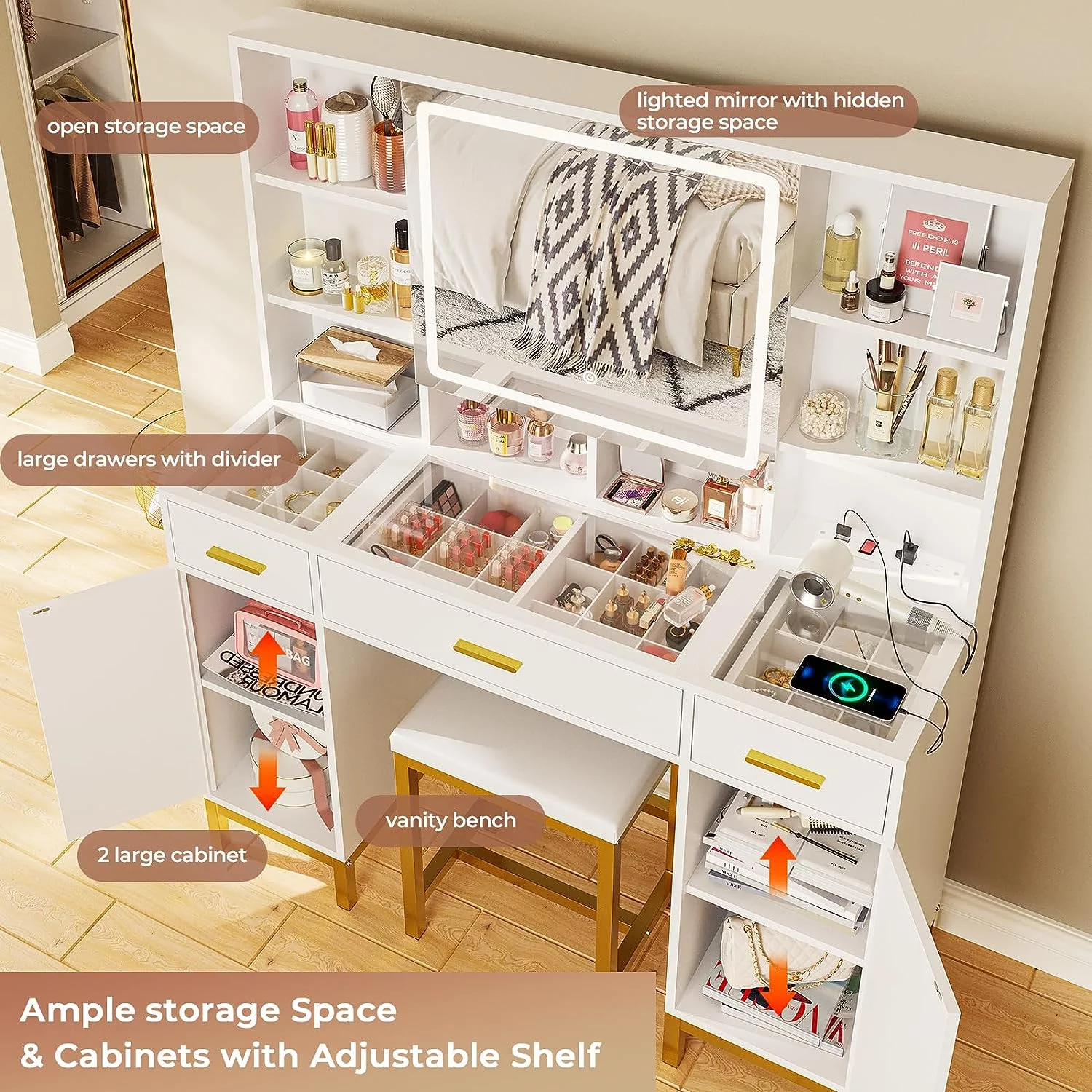 AOGLLATI Vanity Desk with Lights Mirror and 3 Drawers,Glass Tabletop Make up Vanity Set with Charging Station & 2 Cabinets,Hidden Hooks,White