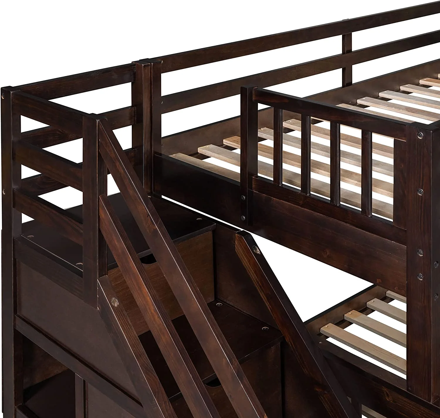 Twin Over Full L-Shaped Triple Bunk Bed for Kids, Wooden Corner Bunk Bed with 3 Storage Drawers Attached a Twin Loft Bed,Bunk Beds with Stairs and Ladder for Boys Girls Teens,Espresso