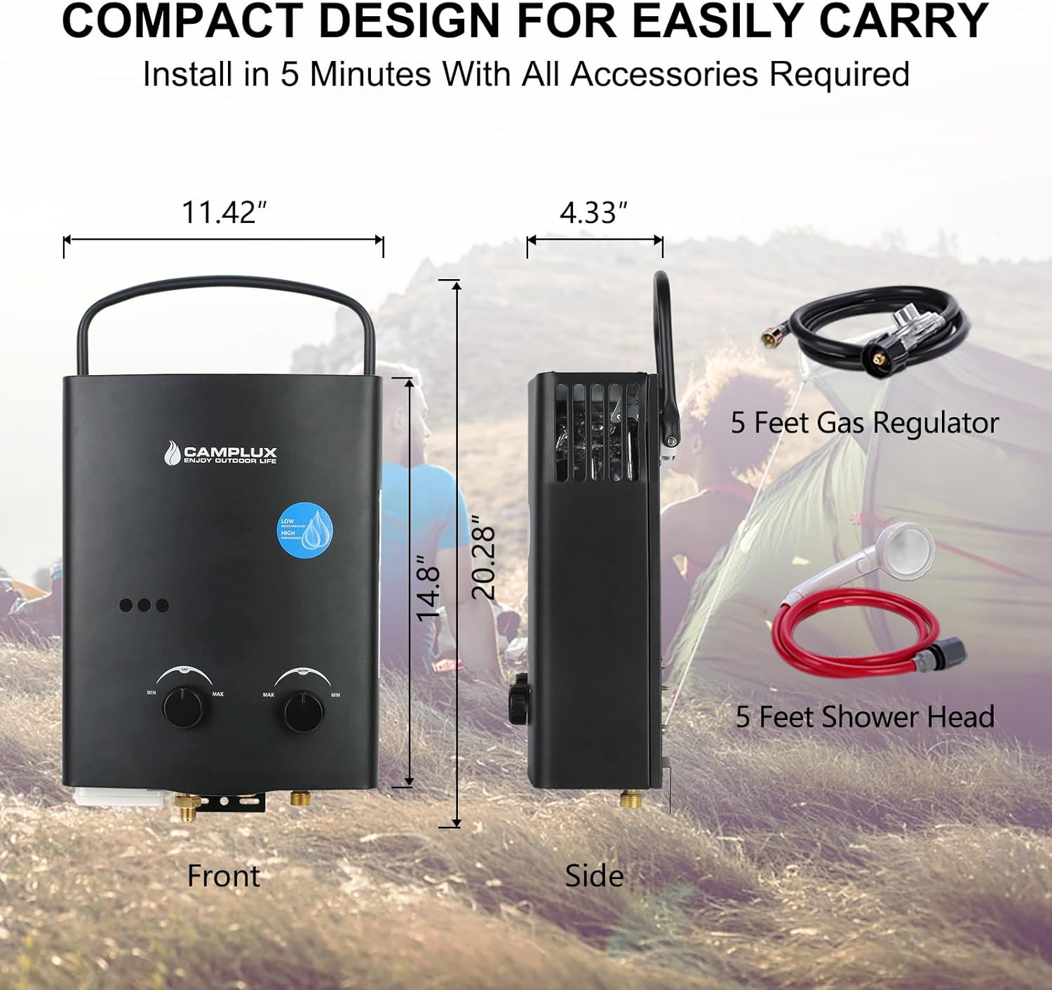 CAMPLUX 1.32 GPM Portable Water Heater Tankless Water Heater Propane Outdoor Black