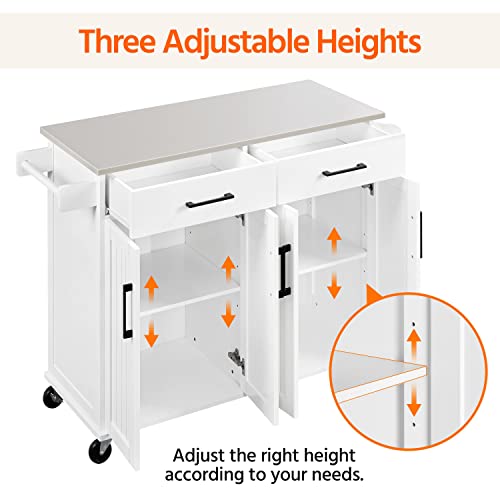 Topeakmart Mobile Kitchen Island with Stainless Steel Countertop and Double Drawers and Double Cabinets, Kitchen Cart with Spice Rack