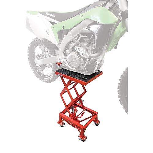 Extreme Max 5001.5083 Ultra-Stabile Hydraulic Motorcycle Lift Table with Foot Pad Lift Function - Raises Bikes from 13.25" to 34", 300 lbs. Weight Capacity, Red