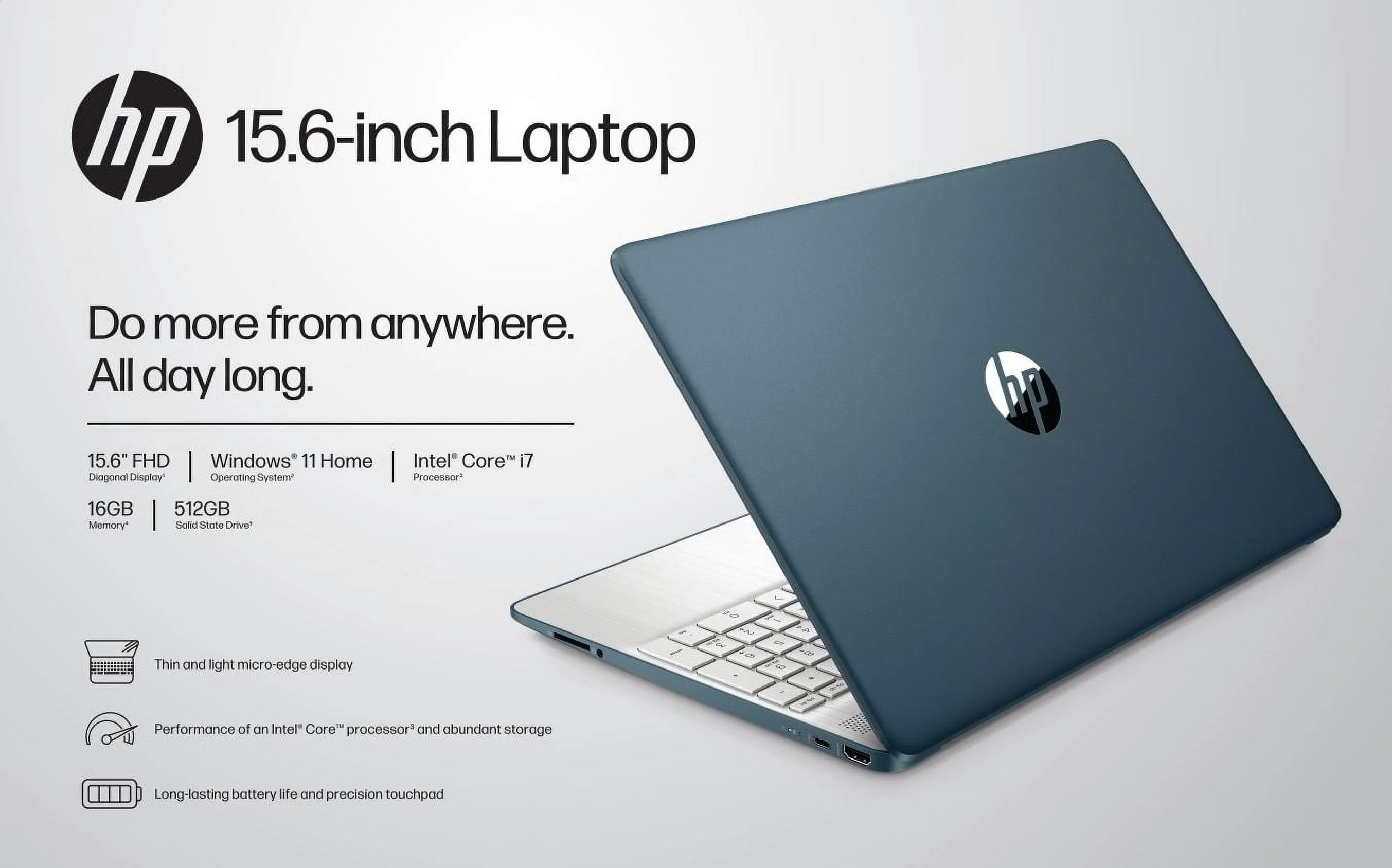HP 15.6" FHD Laptop, Intel Core i7-1165G7, 16GB RAM, 512GB SSD, Spruce Blue, Windows 11 Home, 15-dy2762wm