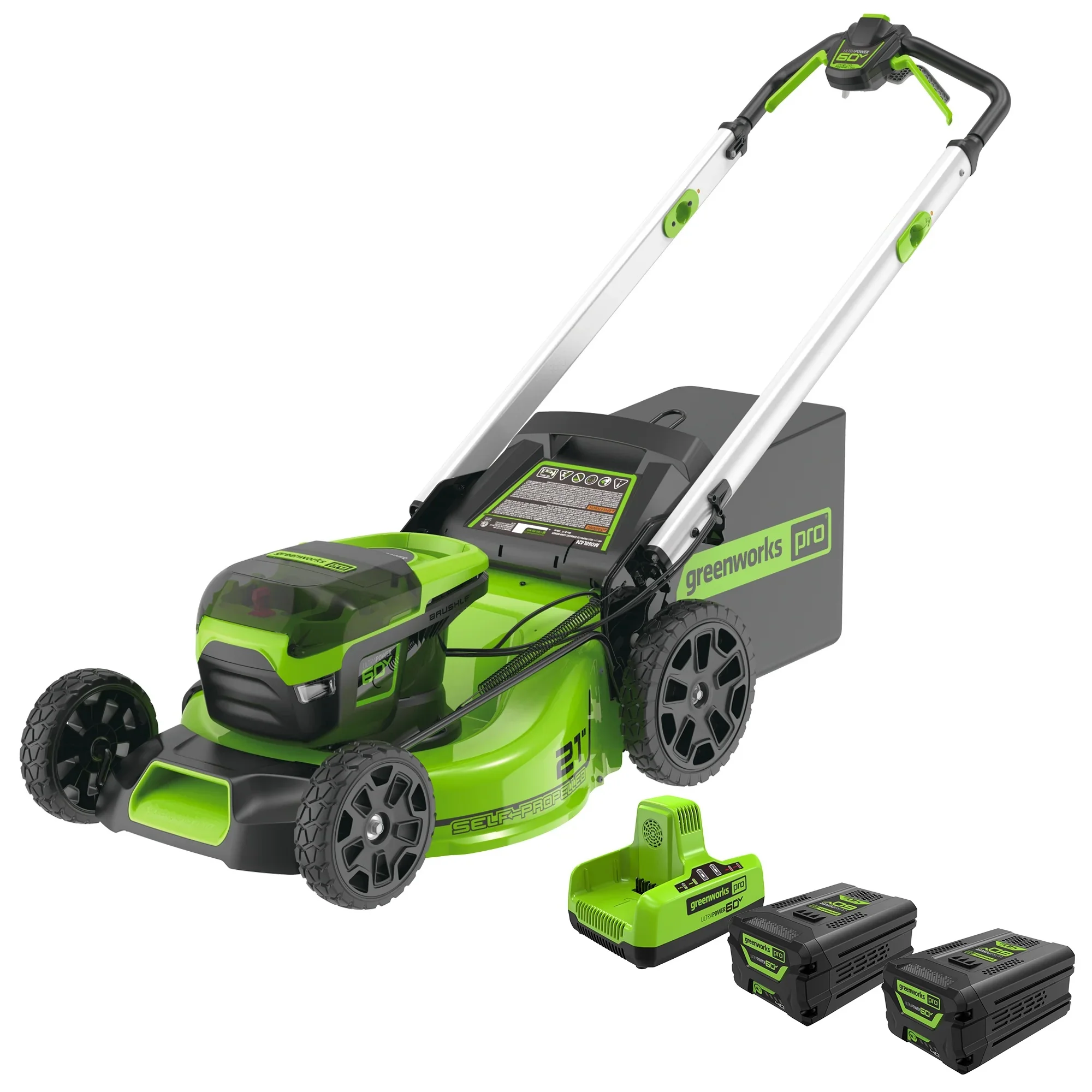 Greenworks 60V 21" Brushless Self-Propelled Battery Powered Lawn Mower + Two (2) 4.0Ah Batteries & Dual Port Charger - Curated Treasures Market