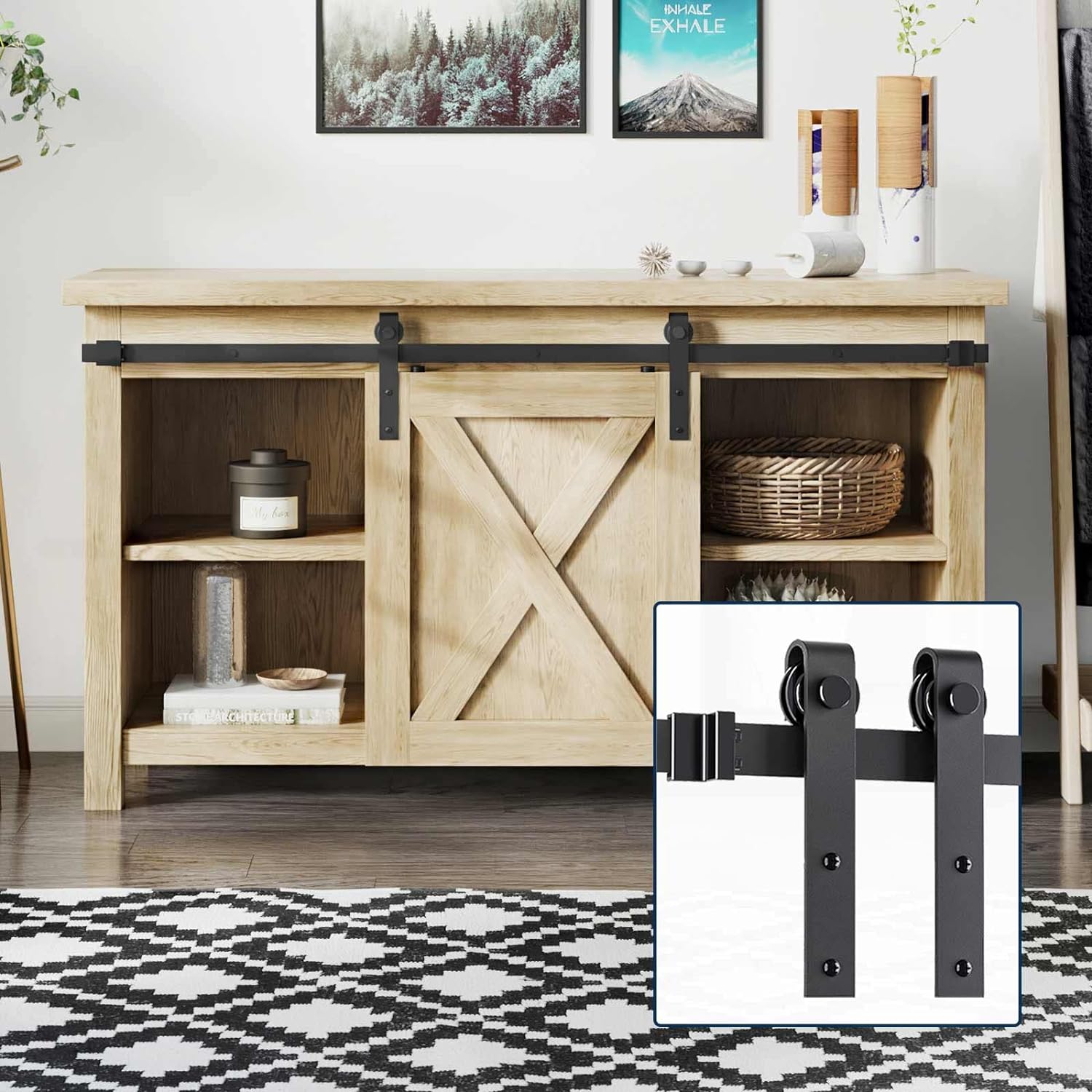 EaseLife 5 FT Cabinet Mini Sliding Double Barn Door Hardware Track Kit,Easy Install,Slide Smoothly Quietly,Apply for Storage Window TV Stand and Other Shielding (No Cabinet)
