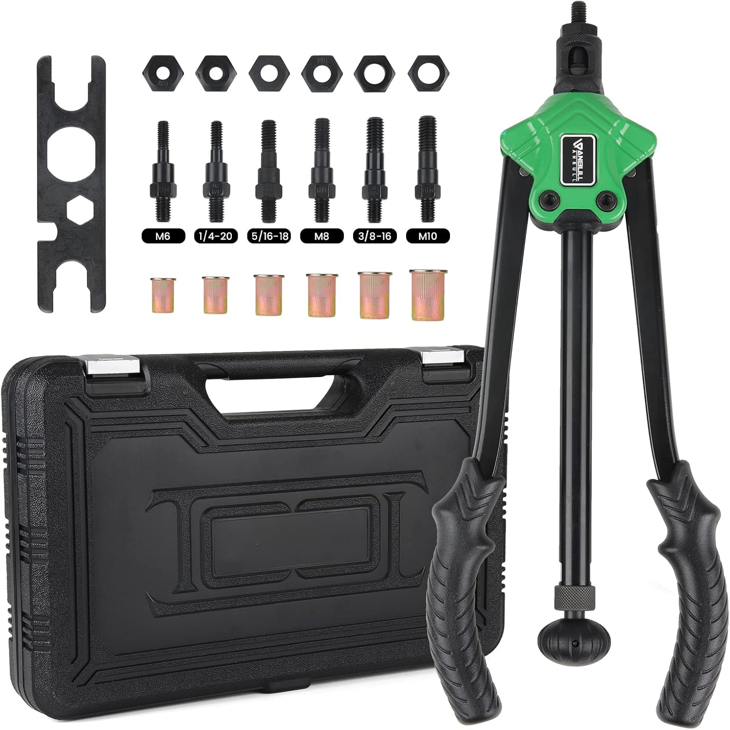 Anbull Rivet Nut Tool, 16" Nutsert Rivet Tool Kit with 6 Metric and SAE Mandrels M6 M8 M10, 1/4-20, 5/16-18, 3/8-16, Rivnut Tool Kit with 30PCS Rivet Nuts Pack of 2
