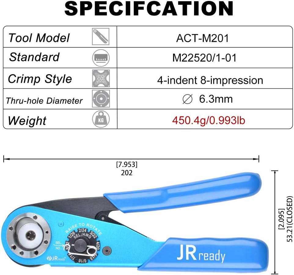 JRready ACT-M201 8 indent crimping tool design according M22520 1 01 for heavy duty circular rectangular electrical connector 38999 26482 etc. wire 12-26 awg 12 16 20 solid barrel contact