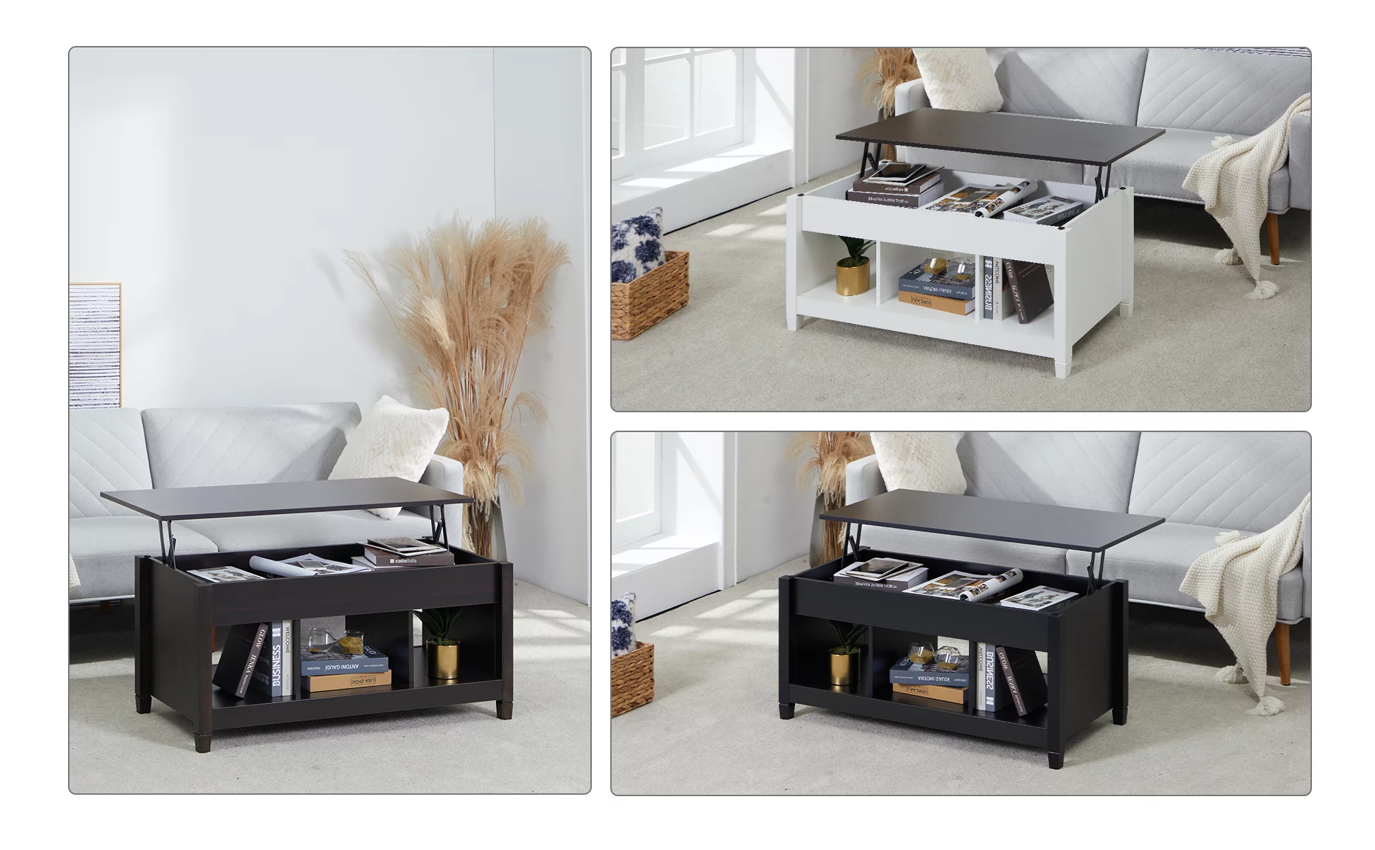 Lift Top Coffee Table, 41" X 19.5" Rising Dining Table w/4” Depth Hidden Storage Compartment & 3 Open Shelves, Coffee Table Lift Top for Reception & Living Room, Office, Small Apartment