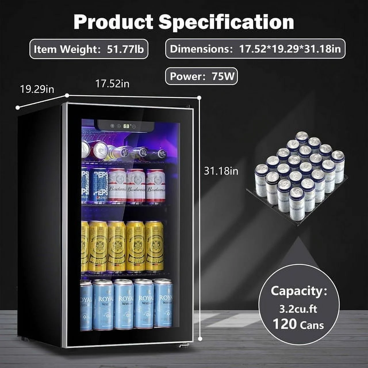 KISSAIR 3.2 Cu.ft Beverage Refrigerator Cooler -120 Can Mini Fridge, Freestanding Wine Chiller, Glass Door for Soda, Beer or Wine Constant Glass Door for Home/Office/Bar-Black