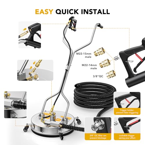 EVEAGE 14.5" Pressure Washer Surface Cleaner, Stainless Steel Pressure Washer Accessories 4 Weels & 1/4" Quick Connector, 4,000 PSI Power Washer for Driveways Sidewalks Patios Cleaning