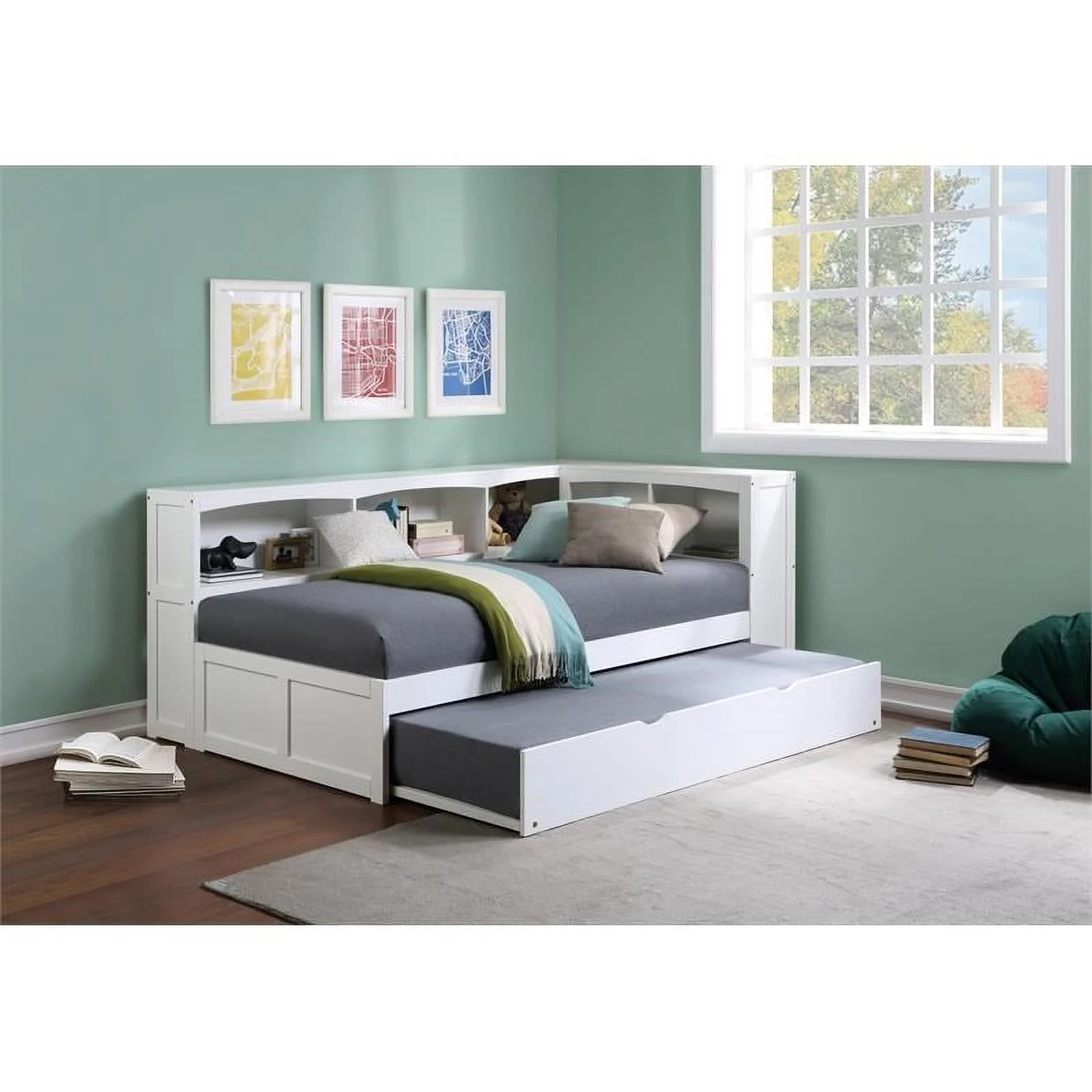 Pemberly Row Transitional 5-Shelf Wood Twin Bookcase Corner Bed in White