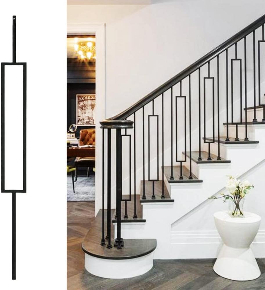 Aotree Wrought Iron Balusters – Metal Balusters for Decks – Spiral Stair Railing - 1/2 -inch Set of 10 - Hollow Rectangle Iron Spindles – Satin Black