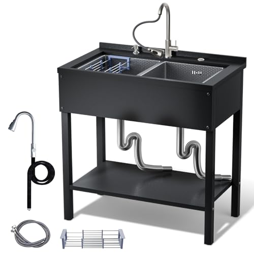 Stainless Steel Utility Sink,24" FreeStanding Laundry&Utility Room Sinks with Cold and Hot Water Faucet,Hoses and Drain Kit Commercial Single Bowl,Laundry Sink for Kitchens, Garage (24x18x36 Black)
