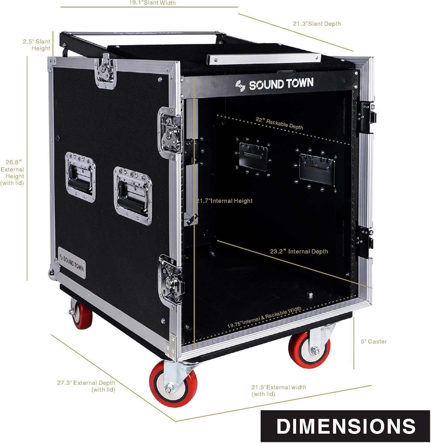 Sound Town 14U PA DJ Rack/Road ATA Case with 11U Slant Mixer Top, 20���� Rackable Depth, DJ Work Table and Casters, 14 Space Size, Pro Tour Grade (STMR-14UWT)