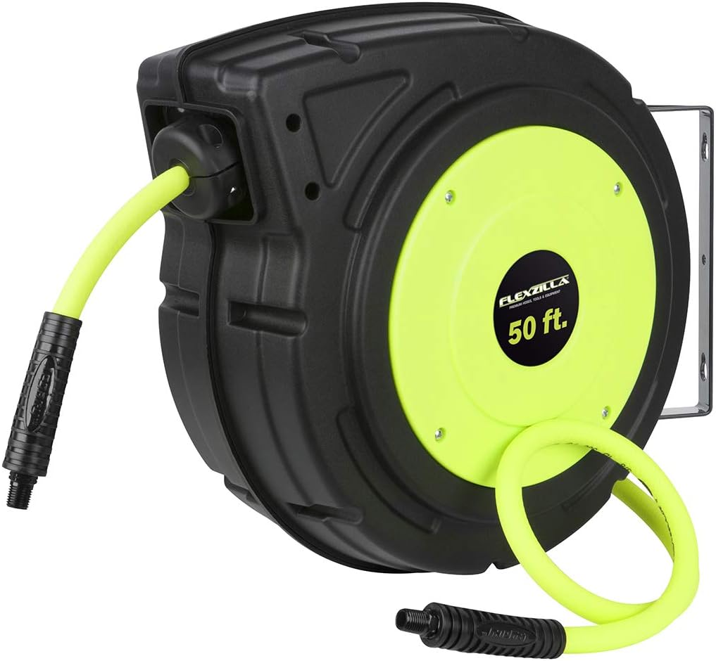 Flexzilla Retractable Enclosed Plastic Air Hose Reel, 3/8 in. x 50 ft, Heavy Duty, Lightweight, Hybrid, ZillaGreen - L8250FZ