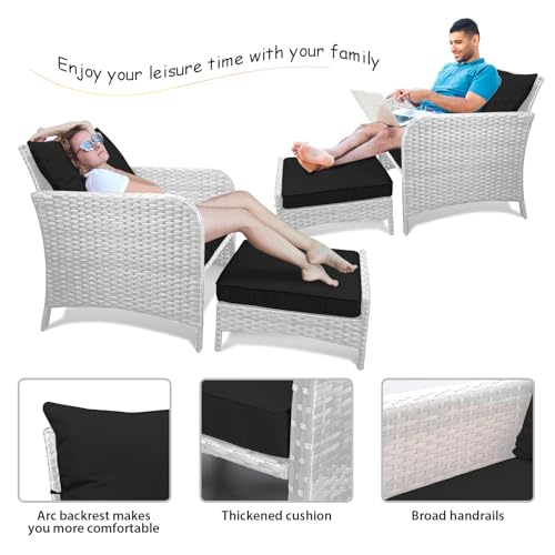 LEVELEVE Balcony Furniture 5 Piece Patio Conversation Set, PE Wicker Rattan Outdoor Lounge Chairs with Soft Cushions 2 Ottoman&Glass Table for Porch, Lawn-Brown Wicker