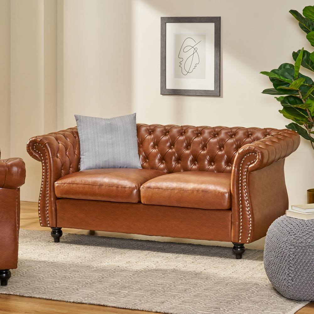 Noble House Magnus Traditional Chesterfield Loveseat, Cognac Brown, Dark Brown