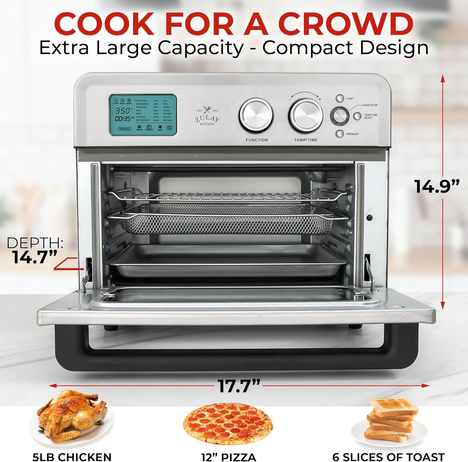 Zulay Large Countertop Air Fryer - Stainless Steel Airfryer Toaster Oven Combo with 21 Functions - 26.4Qt Capacity Stainless Steel Convection Oven with Toast, Bake, Rotisserie & Dehydrate Options