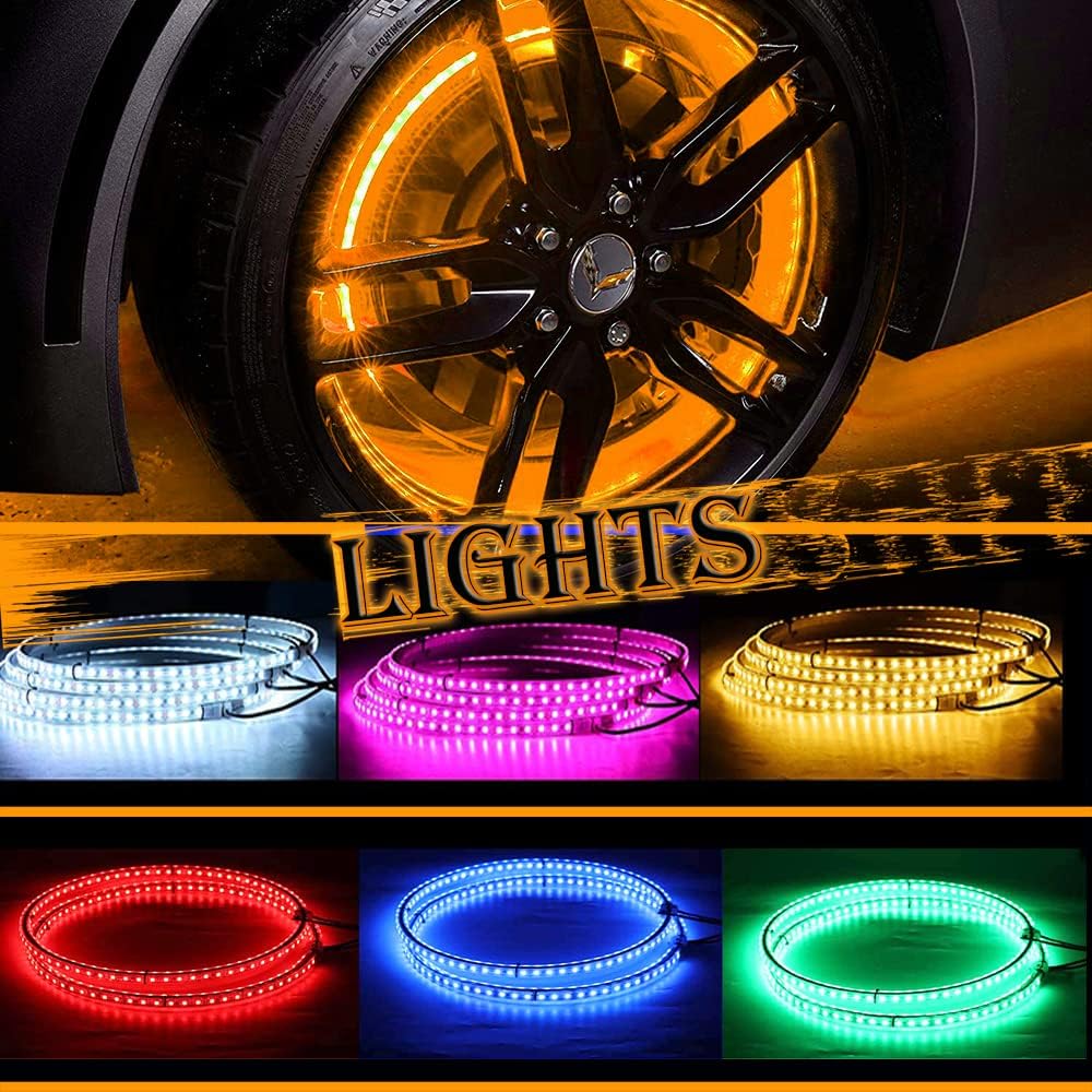 15.5IN RGB LED Wheel Light Kit-4PCS Single Row,Multicolor/waterproof,with Lock Function w/Turn Signal/Braking Functionand Can Controlled by Remote/app,Applicable to all trucks.SUVs