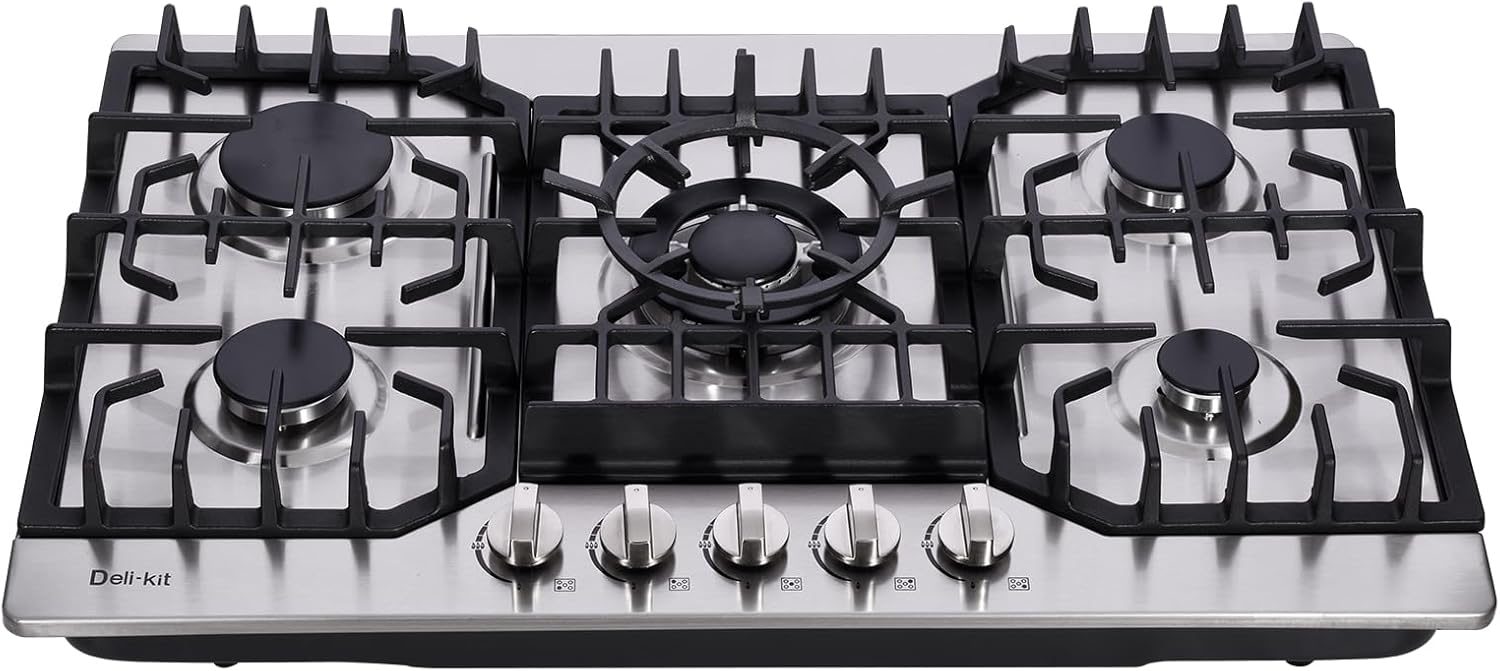 30 Inch Gas Cooktop, Stainless Steel Built-in 5 Burners Stovetop Dual Fuel Gas Hob NG/LPG Convertible Gas Cooktop DK5712