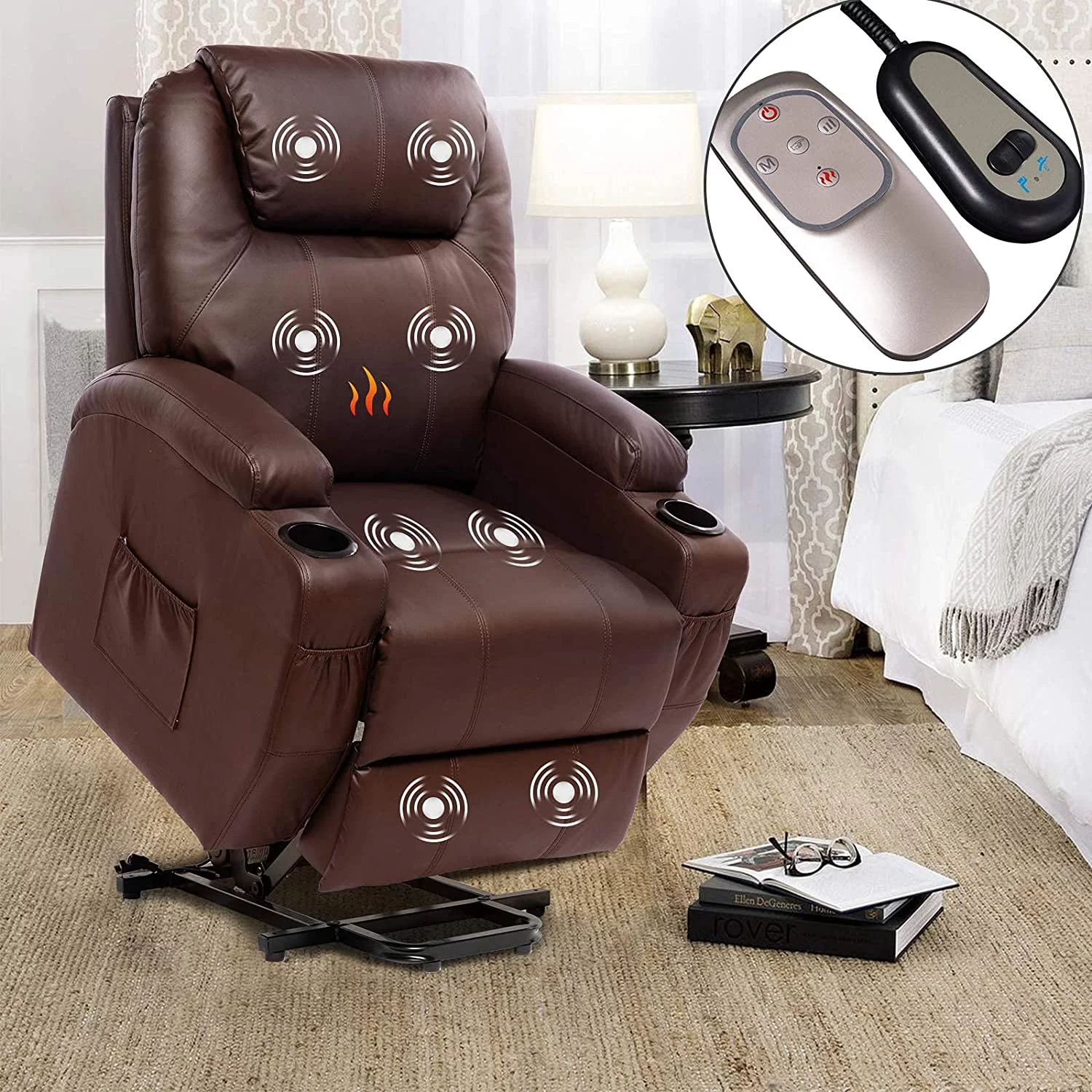 Polar Aurora Living Room Power Lift Massage Recliner Chair for Elderly PU Leather Heated Recliner Ergonomic Lounge Vibratory Massage Function with Cup Holders/Heating/Remote Control