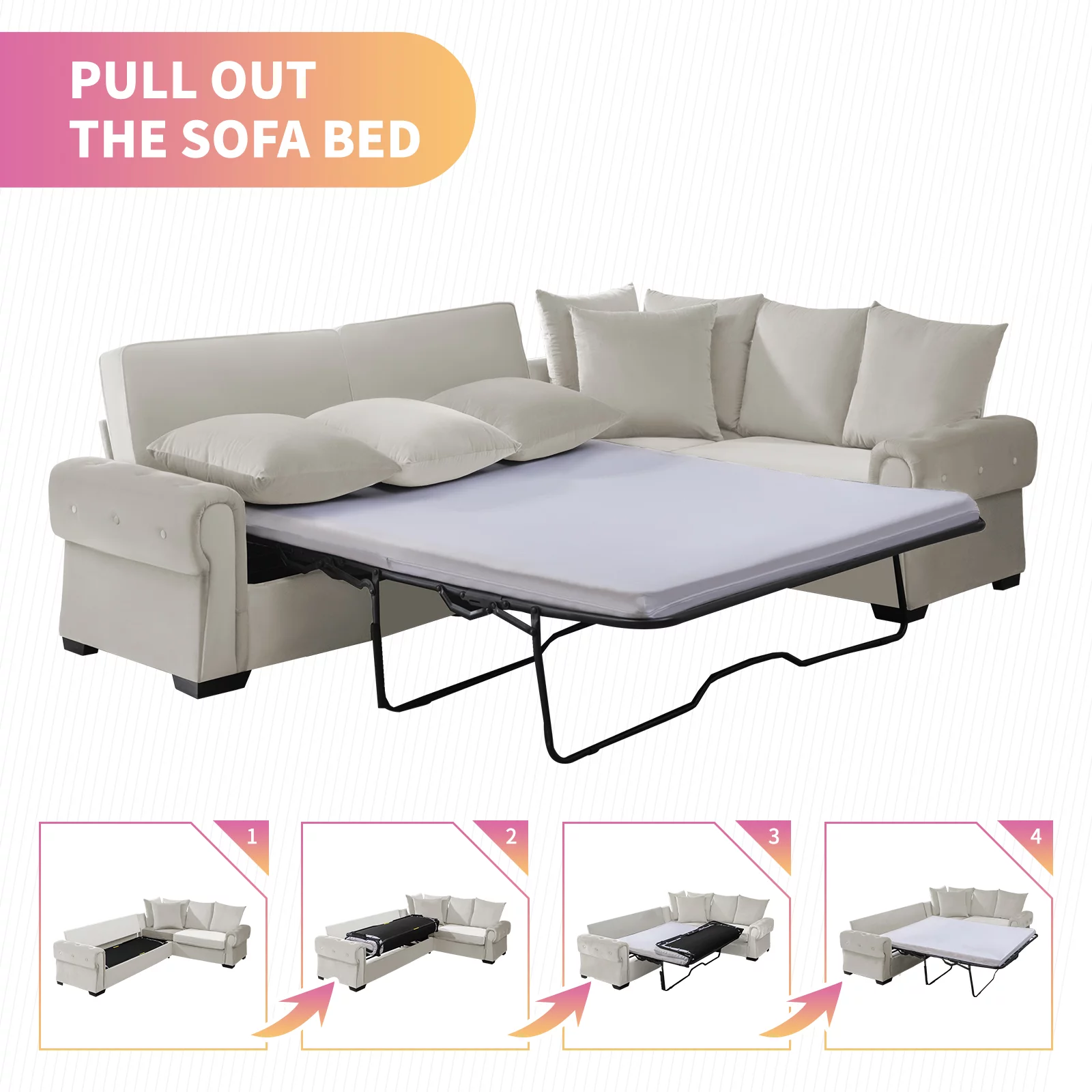 Mixoy 76"W L-Shaped Pull Out Sofa Bed, Convertible Sleeper Sofa, Reversible Velvet Large Couch with Mattress for Living Room/Office, Beige - Curated Treasures Market