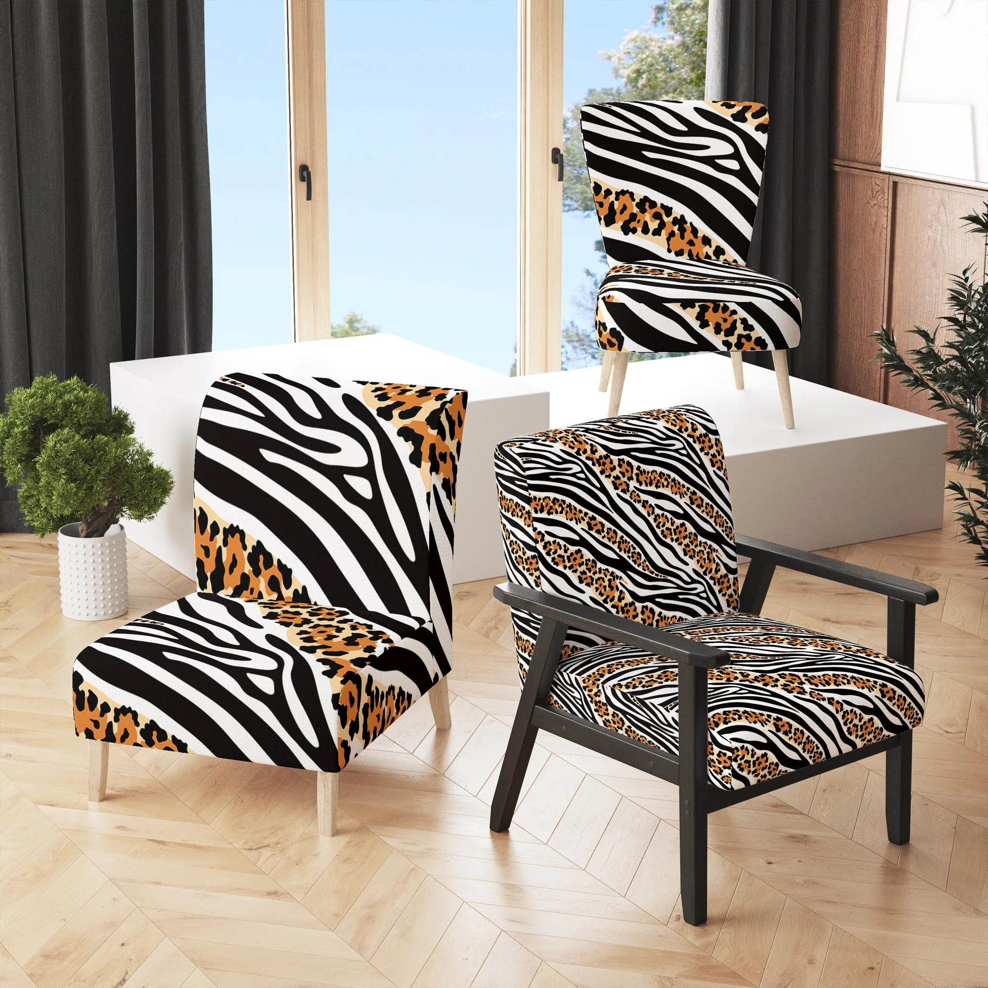 Designart "Zebra and Leopard Mix Pattern III" Upholstered Cabin & Lodge Accent Chair and Arm Chair