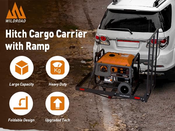 WILDROAD Hitch Cargo Carrier with Ramp 50" x 29" x 4" 500 LBS Folding Trailer Hitch Cargo Carrier Fits 2" Receiver with Hitch Stabilizer and 4pcs Ratchet Straps