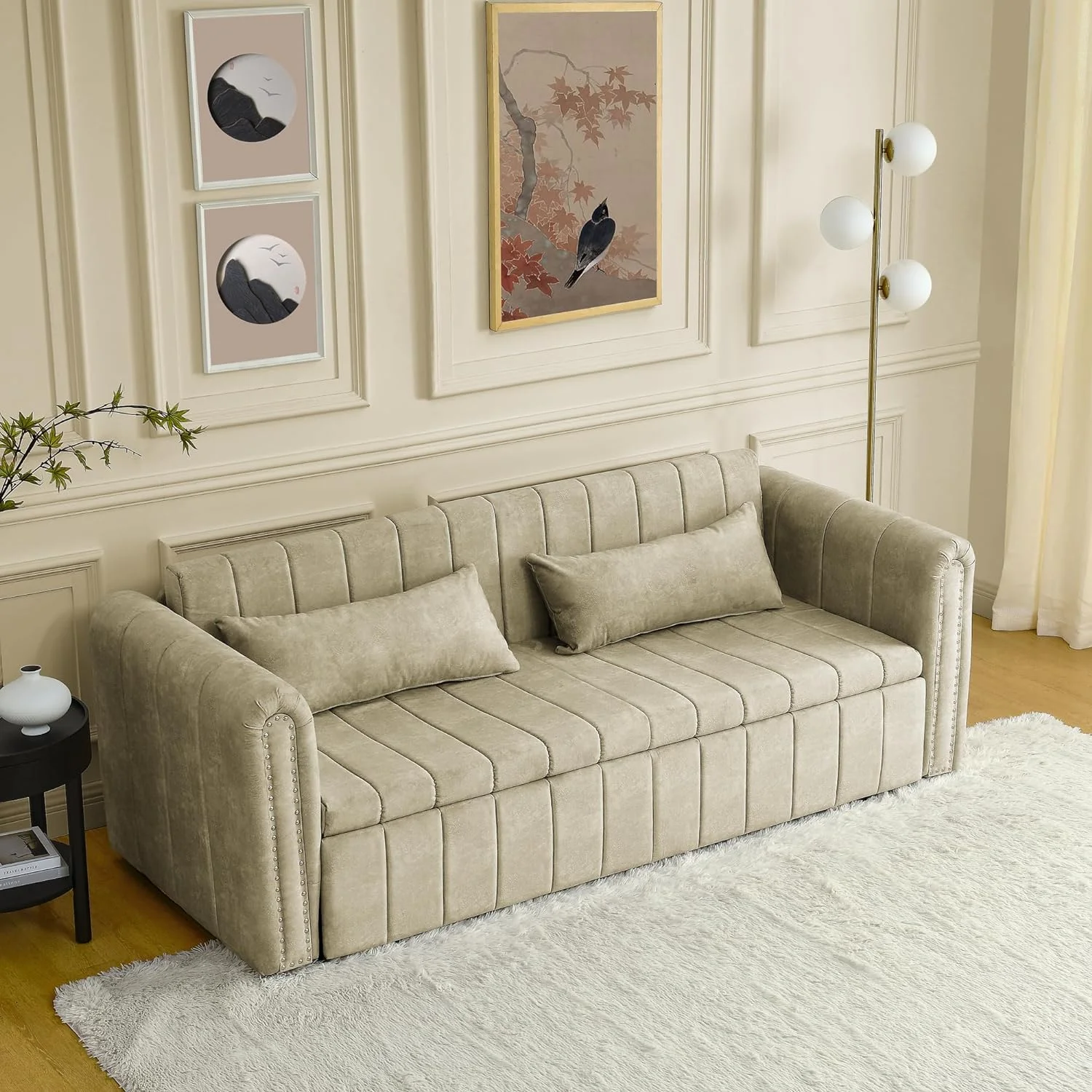 3-in-1 Convertible Sleeper Sofa Bed,Pull-Out Bed Sleeper with Rolled Arms Decorated with Copper Nails,Modern Upholstered 3 Seats Sofabed with Two Drawers and Two Pillows,Black - Curated Treasures Market
