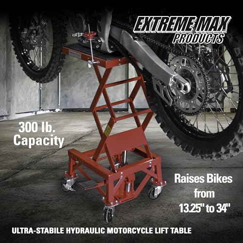 Extreme Max 5001.5083 Ultra-Stabile Hydraulic Motorcycle Lift Table with Foot Pad Lift Function - Raises Bikes from 13.25" to 34", 300 lbs. Weight Capacity, Red