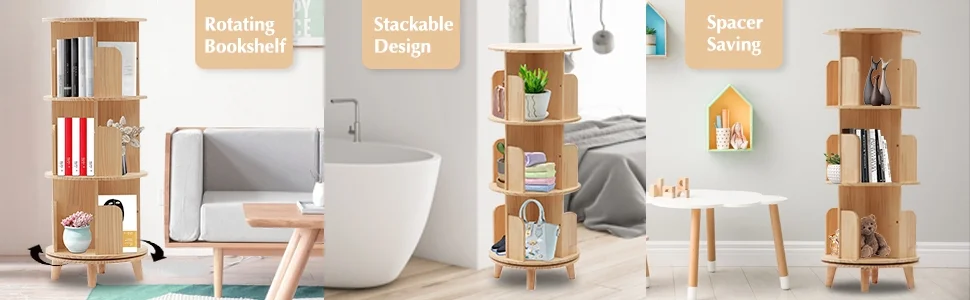 Fichiouy Wood 3 Tier Floor Standing 360 Rotating Bookshelf for Bedroom Living Room Office - Curated Treasures Market