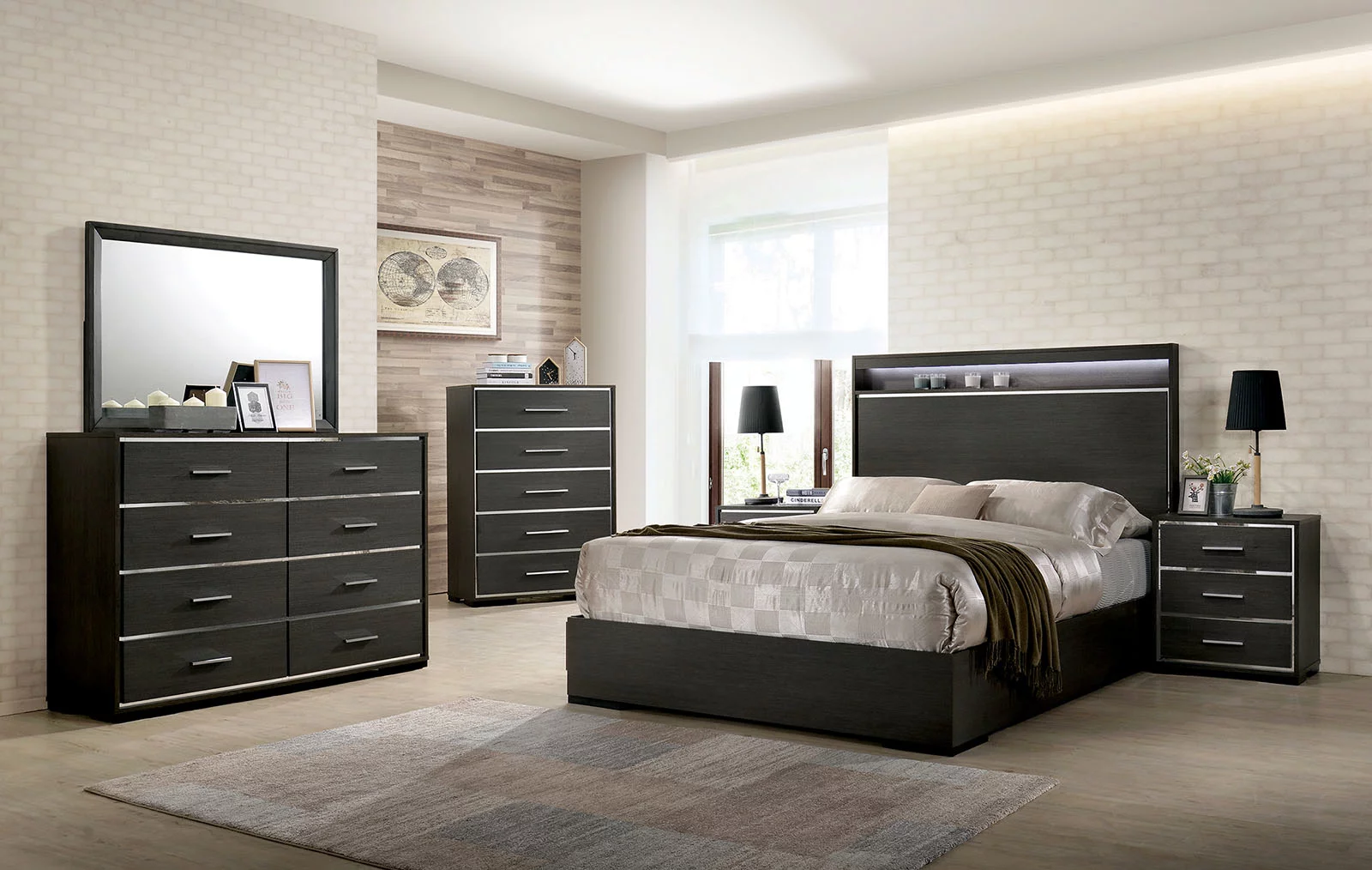 Contemporary 6pc Bedroom Set Est King Size Bed Dresser Chest Mirror Nightstands w USB Shelf LED Headboard Home Relax Furniture