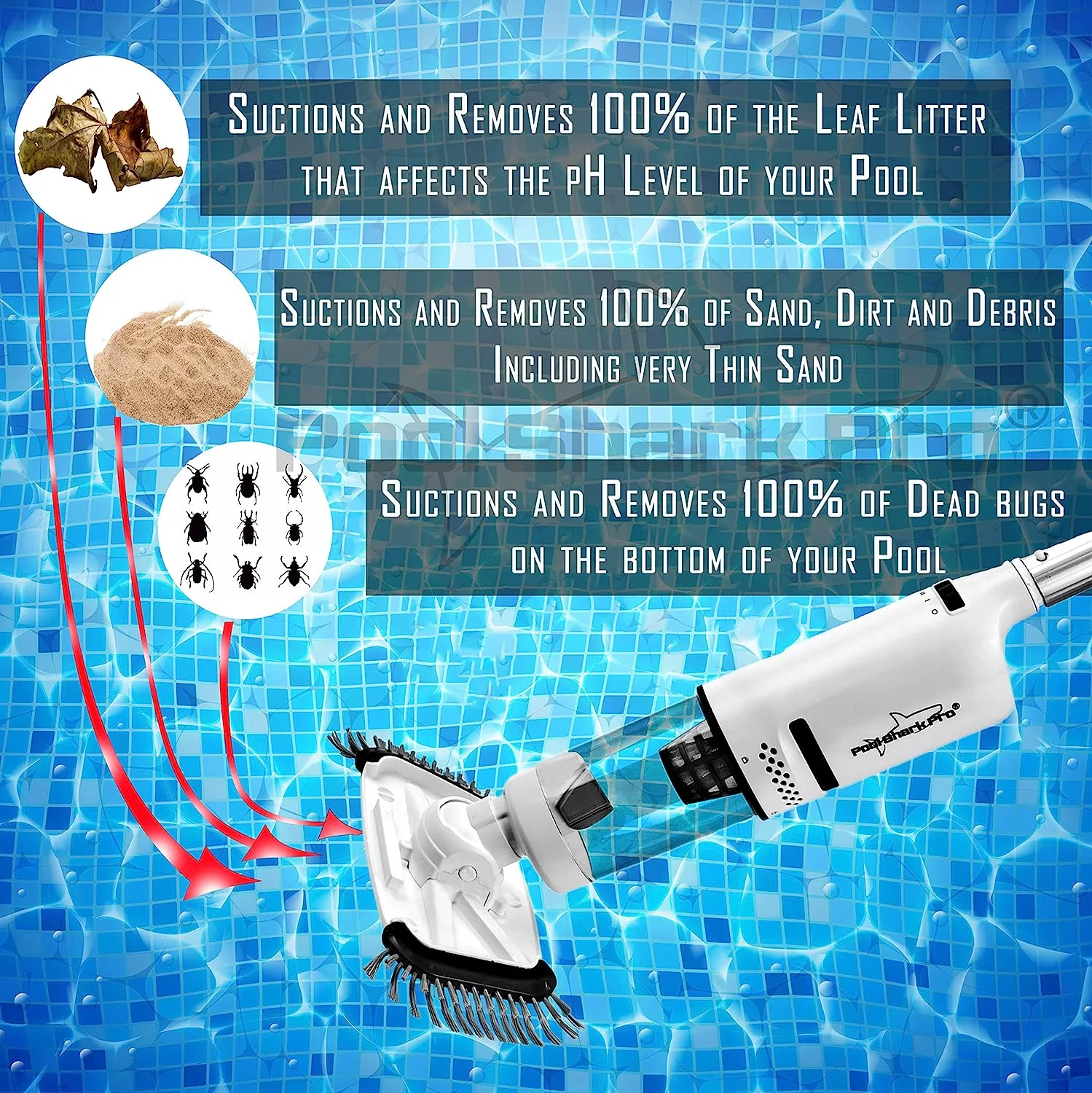 POOL SHARK PRO Cordless Pool Vacuum 90 Mins of Strong Suction for Deep pool Cleaning, Handheld Rechargeable Swimming Pool Cleaner with Roller and Heavy Duty Brushes for Inground and Above Ground Pools
