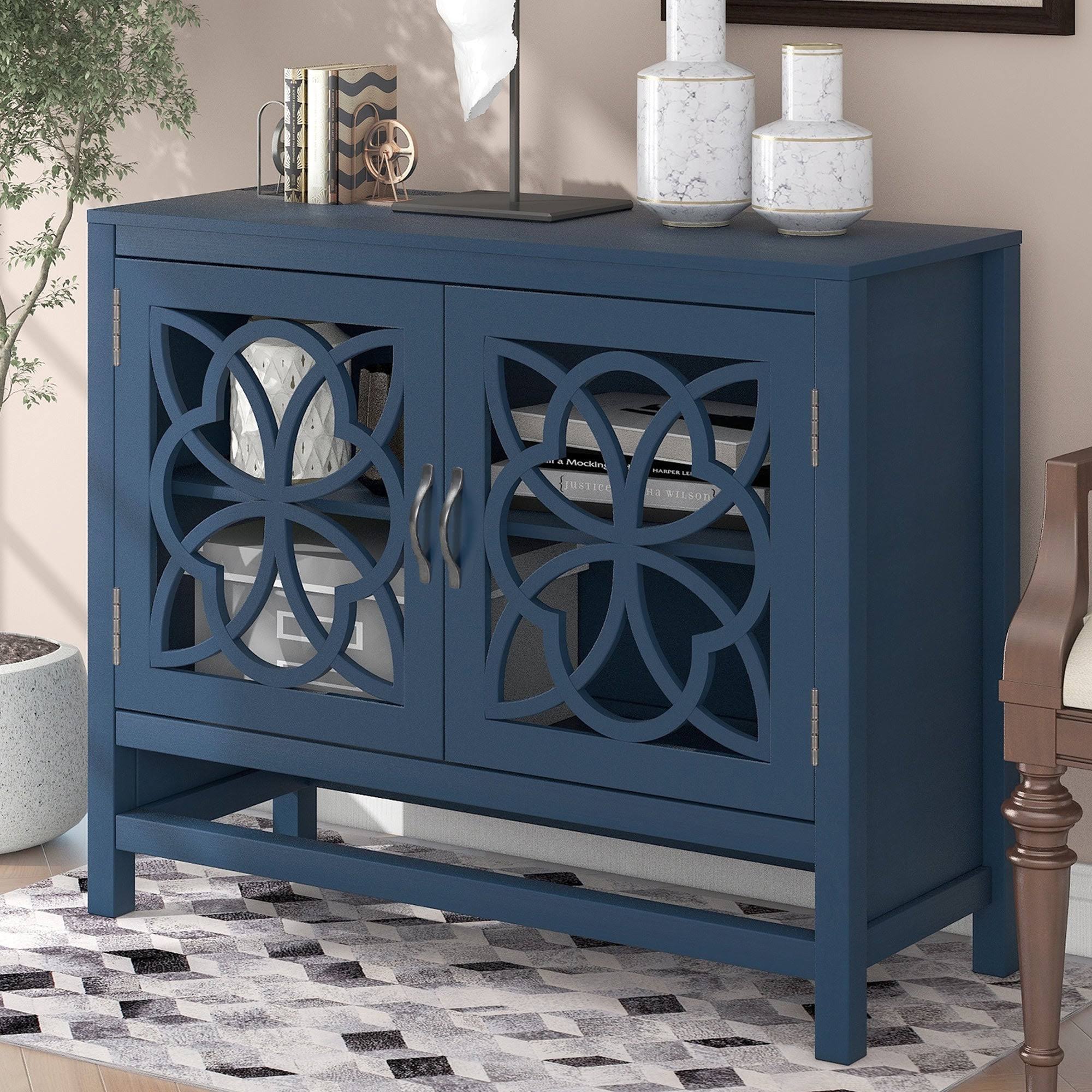 Wood Accent Buffet Sideboard Storage Cabinet with Doors u0026 Shelf, Navy - Navy Blue