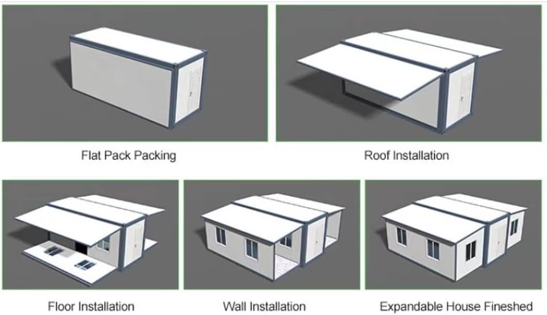 20ft and 40ft Expandable Prefab Container Home, 2 Rooms, Kitchen, Bathroom, Portable Tiny House for Small Family