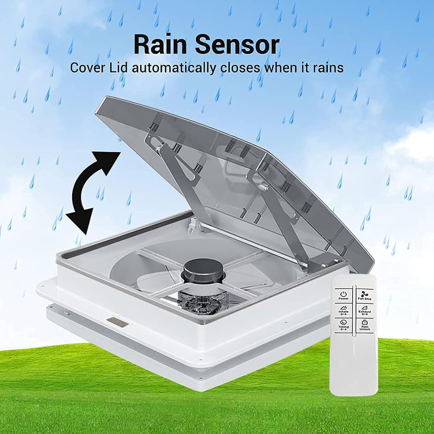 Automatic 12 RV Vent Fan Ultra Less Noise Motor with Remote, Air Max RV Ventilation 12V Speeds Reversible Exhuast RV Roof Vent, Motorhome Camper Van Trailer Bathroom Roof Vent Fan with Translucent Smoke Lid