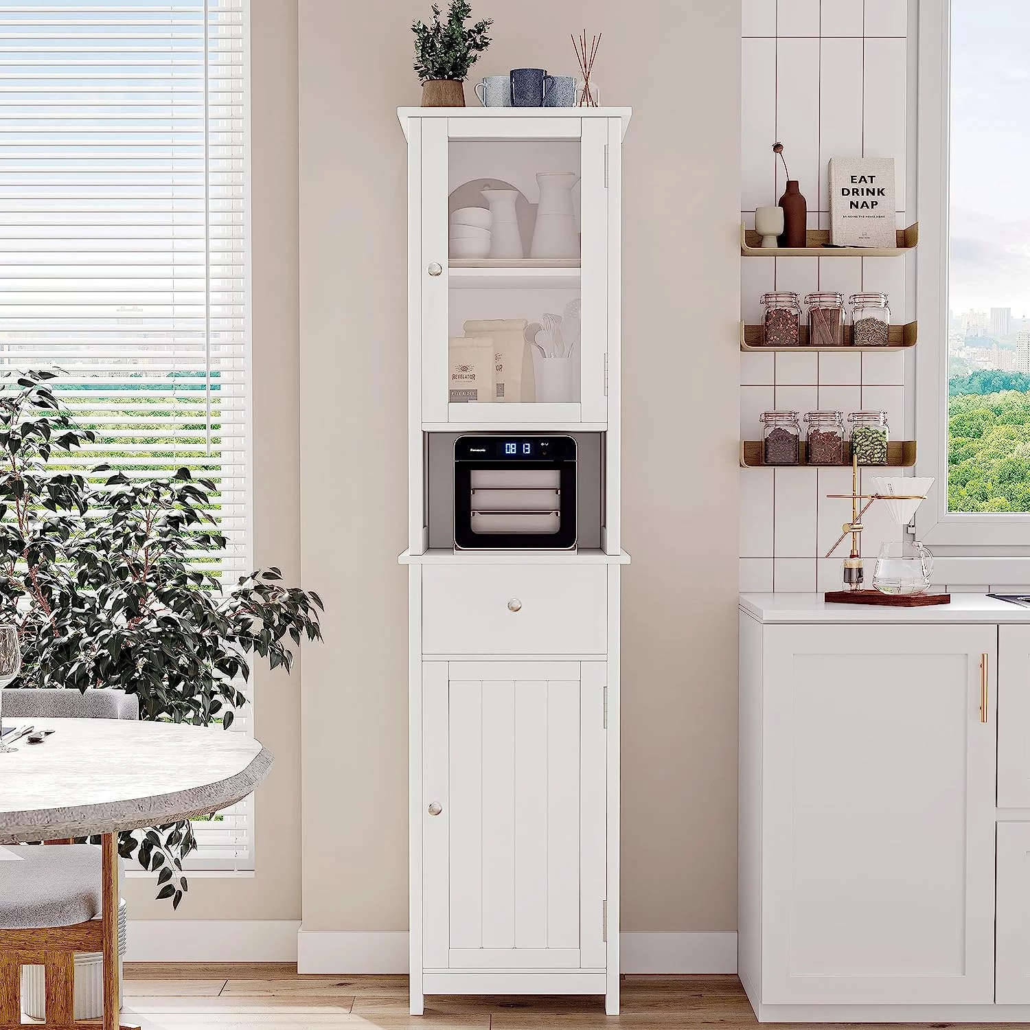 YINCHEN Tall Bathroom Floor Cabinet with Glass Doors, Narrow FreeStanding Storage Cabinet with Adjustable Shelf, Wooden Bathroom Storage Cabinet, Pantry with Drawer, White BMGZ105W