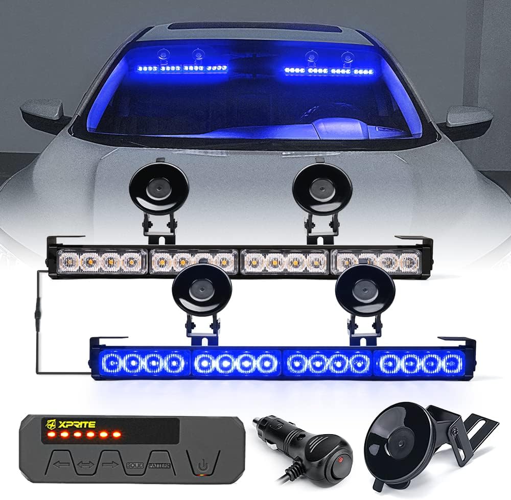 Xprite Emergency Traffic Advisor Strobe Dual Light Bar, White Amber LED Interior Windshield Visor Deck Safety Hazard Warning Caution Flashing Lightbars w/Control Box, for Construction Vehicles Trucks Pack of 2