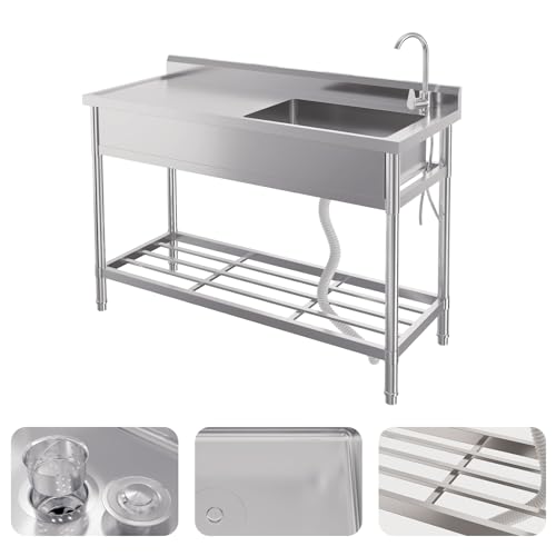 Stainless Steel Free-Standing Utility Sink, Single Bowl Freestanding Laundry Sink with Faucet, Drainboard, Storage, Hot & Cold Water Plumbing for Restaurant, Workshop, Home, 24x20x41 in