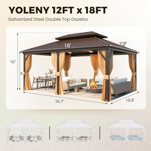YOLENY 10' x 12' Hardtop Gazebo, Wood-Looking Gazebo with Galvanized Steel Double Roof, Aluminum Frame, Permanent Metal Pavilion with Netting and Curtains for Deck, Backyard, Patio and Lawns