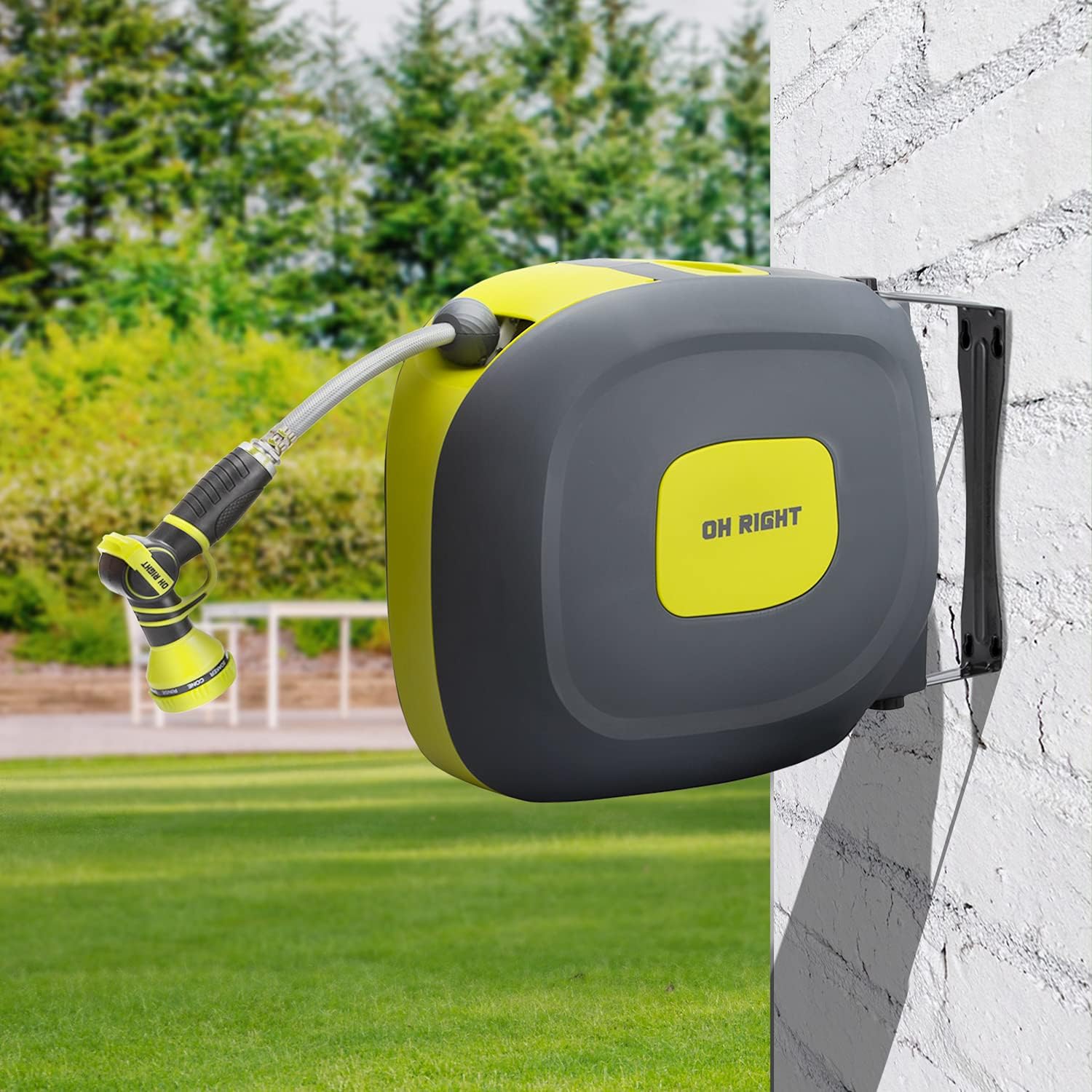 Oh right Retractable Garden Hose Reel 1/2" 115'+5' with 180°Swivel Metal Bracket, Wall Mounted Water Hose Reel with 9 Pattern Nozzle