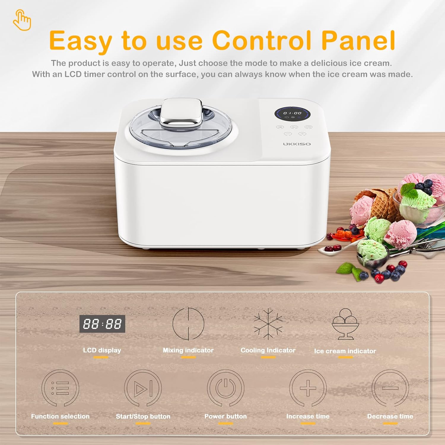 Ice Cream Maker, UKKISO 1.2 Quart Automatic Electronic Gelato Maker With LCD Display, Built-In Compressor, Portable Homemade Dessert Maker with Spoon, Ice Cream Machine for Home, Dorm (White)