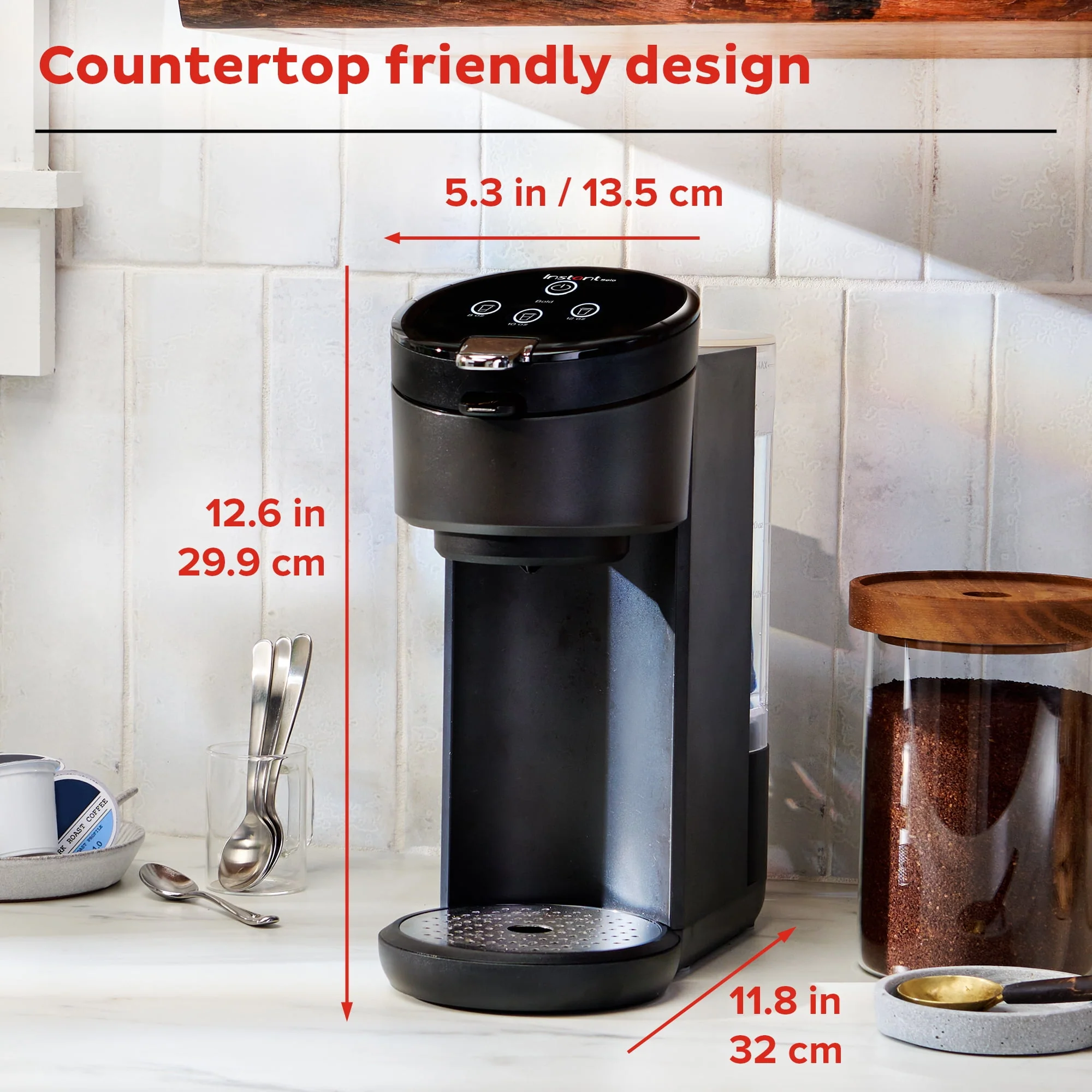 Instant Solo 2-in-1 Single Serve Coffee Maker for Ground Coffee or K-Cup Pods with 3 Brew Sizes, Maroon Red