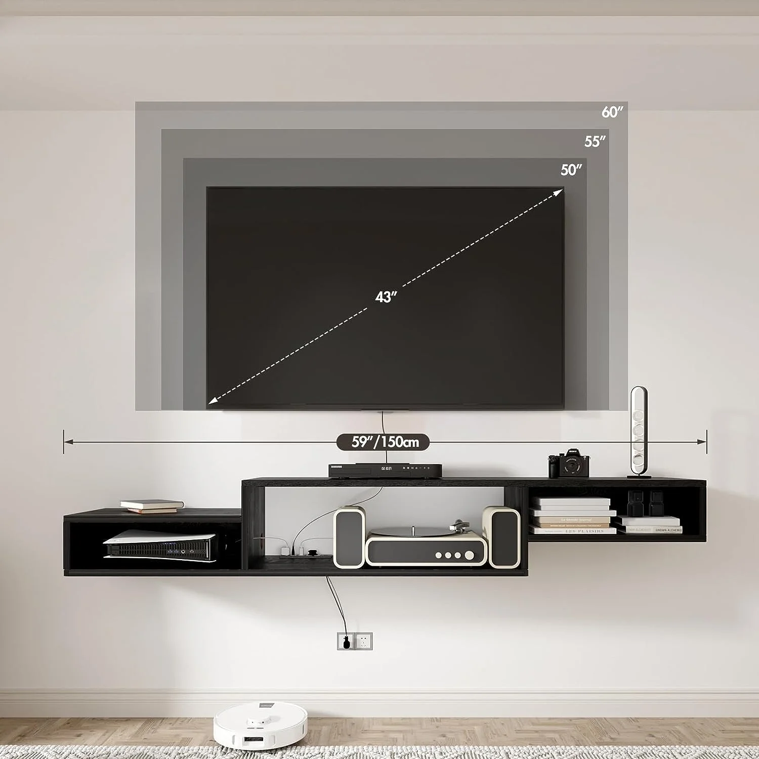 Floating TV Stand Wall Mounted with Power Outlet 59", Floating Entertainment Center, Wood Media Console Shelf for Under TV Storage for Living Room Bedroom Office, Black