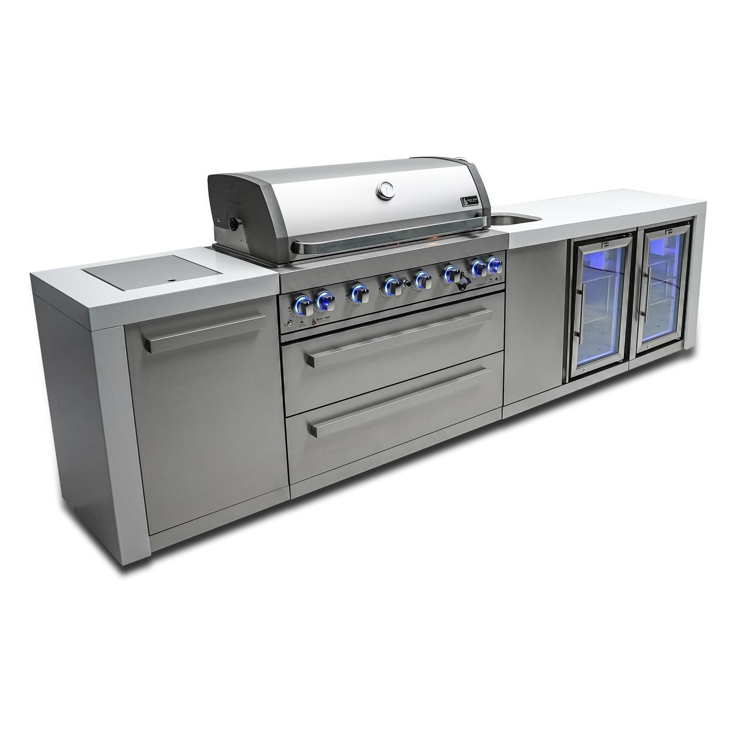 Mont Alpi 805 Deluxe Propane Gas Island Grill W/ Beverage Center, Refrigerator Cabinet, Infrared Side Burner, & Rotisserie Kit - MAi805-DBEVFC