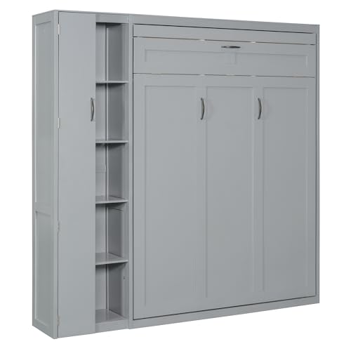 Harper & Bright Designs Queen Size Murphy Bed Wall Bed with Storage Shelves, Wardrobe and LED Lights, Space-Saving for Multipurpose Guest Room or Home Office, Gray