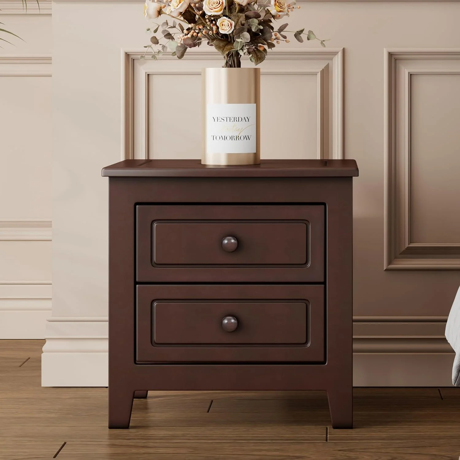 Nightstand With 2 Storage Drawers, Solid Wood Classical End Table Side Table For Bedroom, Living Room, Office, Dark Walnut
