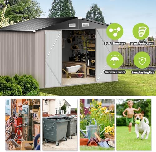 Aoxun 10 x 12FT Outdoor Storage Shed with Double Hinged Large Door Utility Garden Shed with Lockable Door & Sloped Roof Metal Sheds Outdoor Storage for Garden, Backyard, Patio and Backyard, Brown