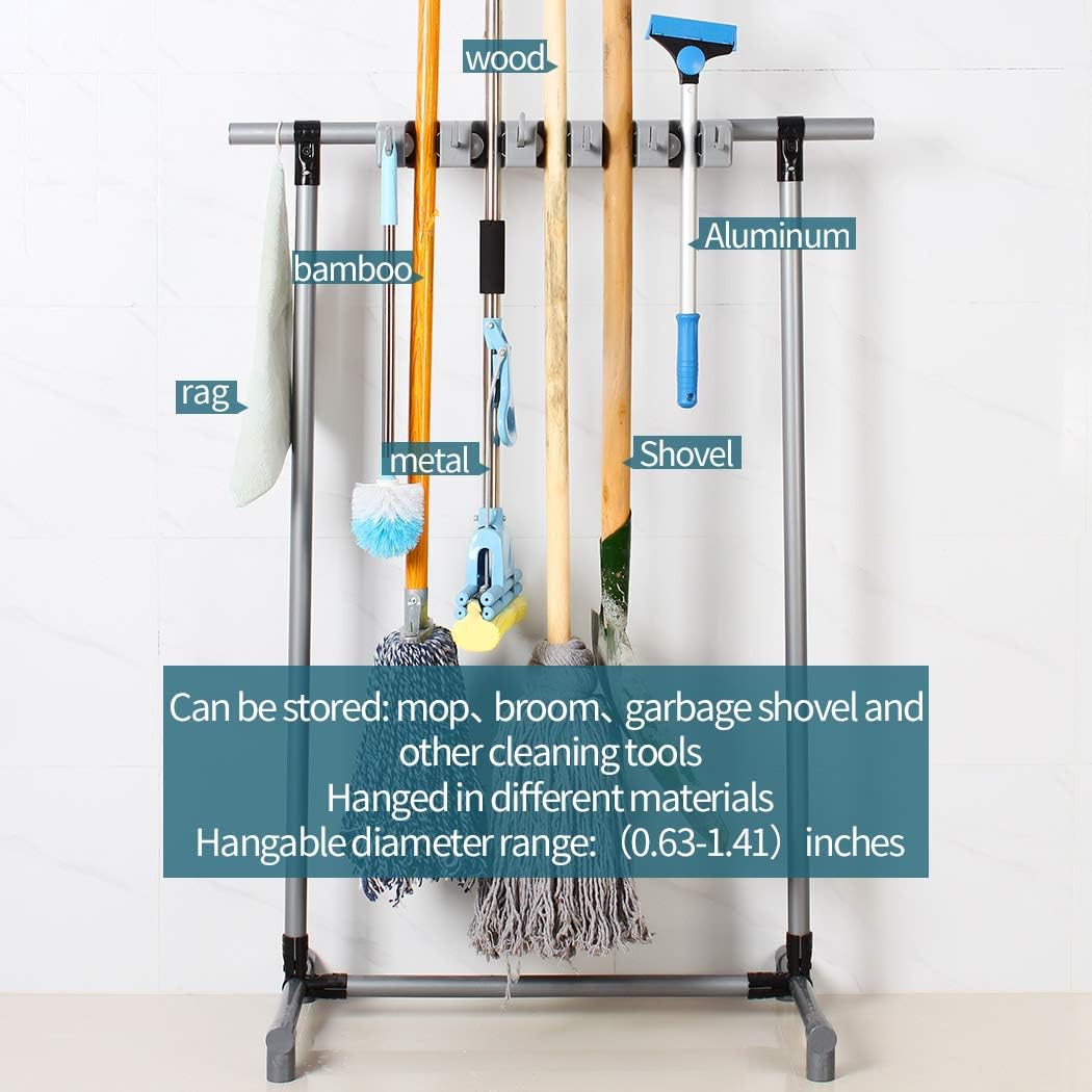 QTJH Broom And Mop Holder Put Wet Mops Movable Floor-Mounted Mop Rack Floor Standing Cleaning Tool Cart Storage For Garden Garage Schools, Hospitals, Factories, Hotels,Property Companies