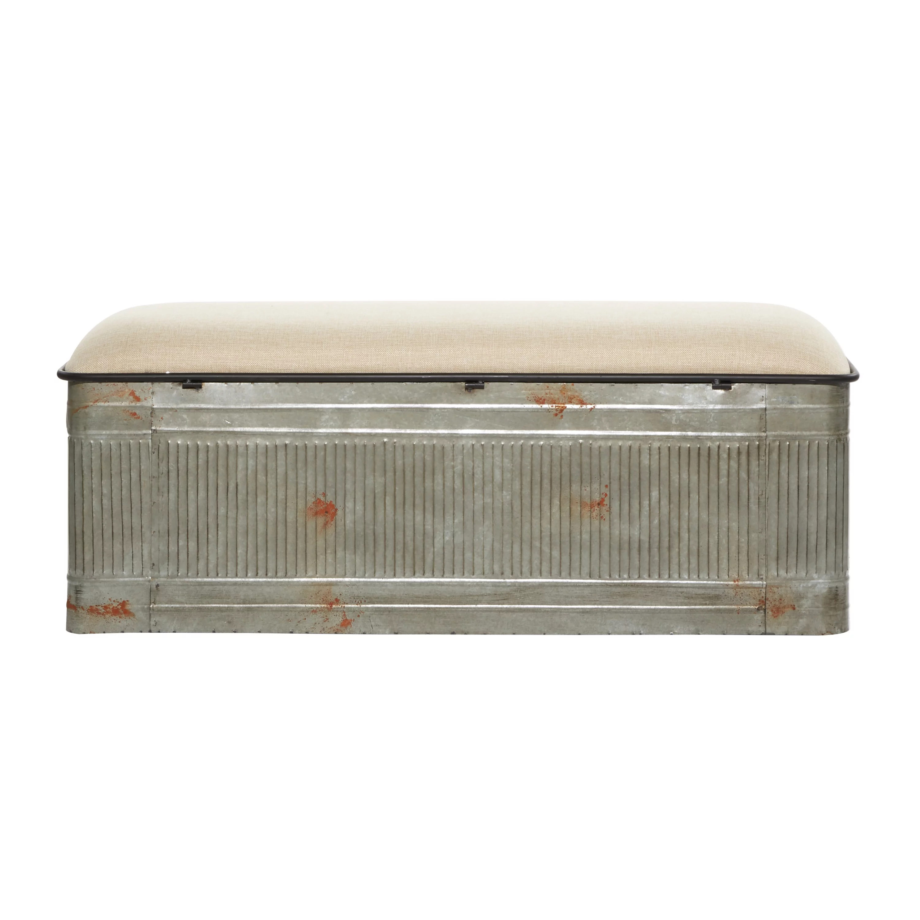 DecMode Metal Galvanized Storage Bench with Cream Burlap Top, Gray