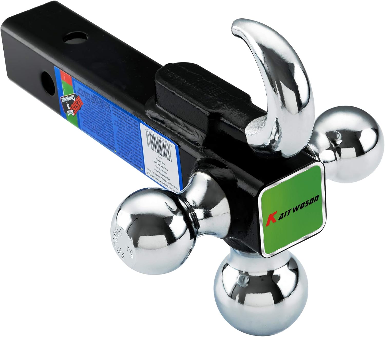 KAITWOSON Trailer Hitch Tri Ball Mount with Hook, 1-7/8,2,2-5/16-inch Hitch Balls, Chrome Pack of 2